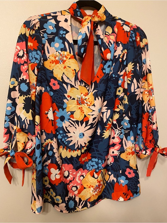 Modcloth Tops - Modcloth Navy Floral Tie-Neck Blouse with Red & Yellow Accents